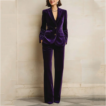 Purple Velvet Women Suit Two Pieces Classic Peaked Lapel Straight Outfit Single Breasted Tailored Elegant Lady Set Jacket Pants