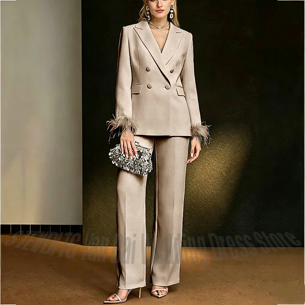 Luxury White Feather Women's Suit Elegant Classic Double Breasted Jacket Pants Formal Evening Party Wedding Guest Outfit