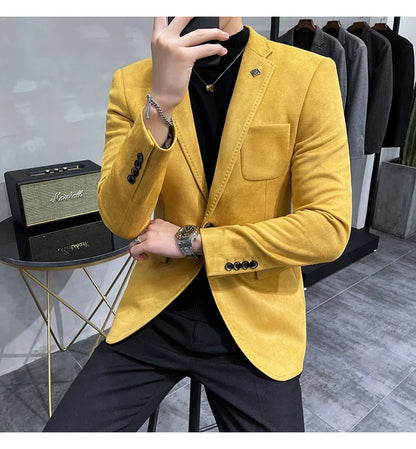 2023 Spring Suede Suit Jacket Men Casual Business Slim Fit Blazer Deerskin Leather Jacket Men Wedding Street Wear Social Coat