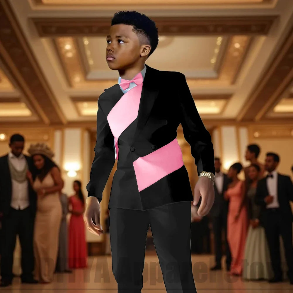 Fashion Contrast Color Children's Suit 2 Piece Double Breasted Outfit Formal Wedding Party Prom Boys Suits (Blazer+Pants)