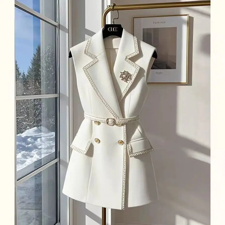 White Sleeveless Jacket with Belt Summer Cotton Suit Vest British Notched Double-breasted Office Lady Formal Elegant Waistcoat