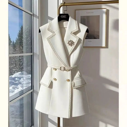 White Sleeveless Jacket with Belt Summer Cotton Suit Vest British Notched Double-breasted Office Lady Formal Elegant Waistcoat