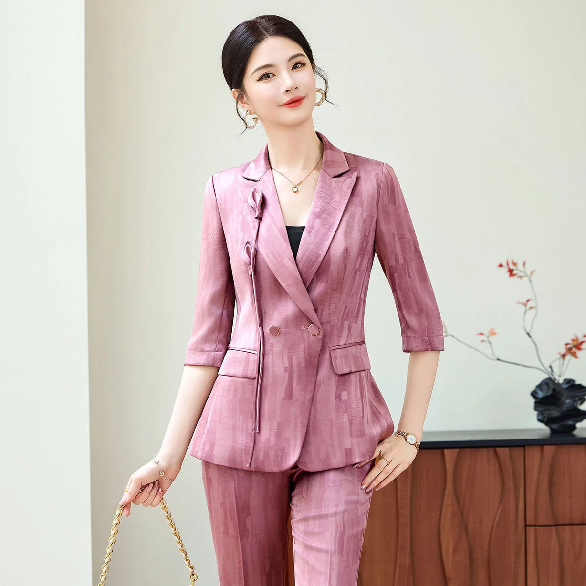 Spring Ladies Pant Suit Women Pink Wine Red Female Business Work Wear Half Sleeve Jacket and Trouser Formal 2 Piece Set Blazer