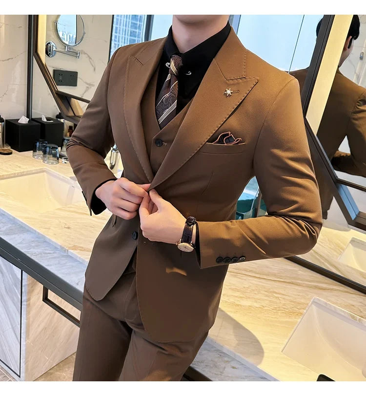 (Blazer + Vest + Trousers) 2024 New Men Formal Business Solid Suit 3 Pieces Set Italian Style Luxury Wedding Social Party Tuxedo