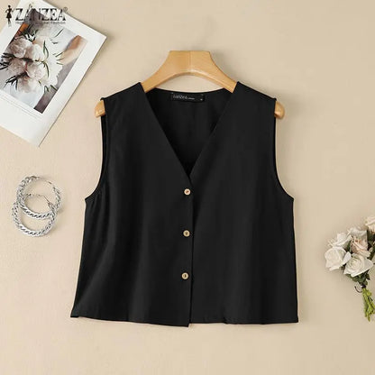 Woman Breathable Cotton Linen Solid Color Tank Tops Summer V-Neck Button Up Sleeveless Tops ZANZEA Daily Casual Vacation Tanks