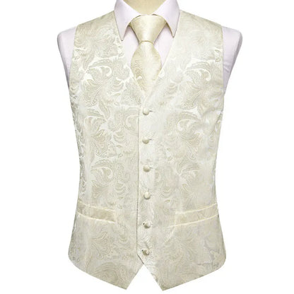 Men's Double Breasted Jacquard Waistcoat Vest Tie Pocket Square Set – Ivory Paisley Wedding & Formal Suit