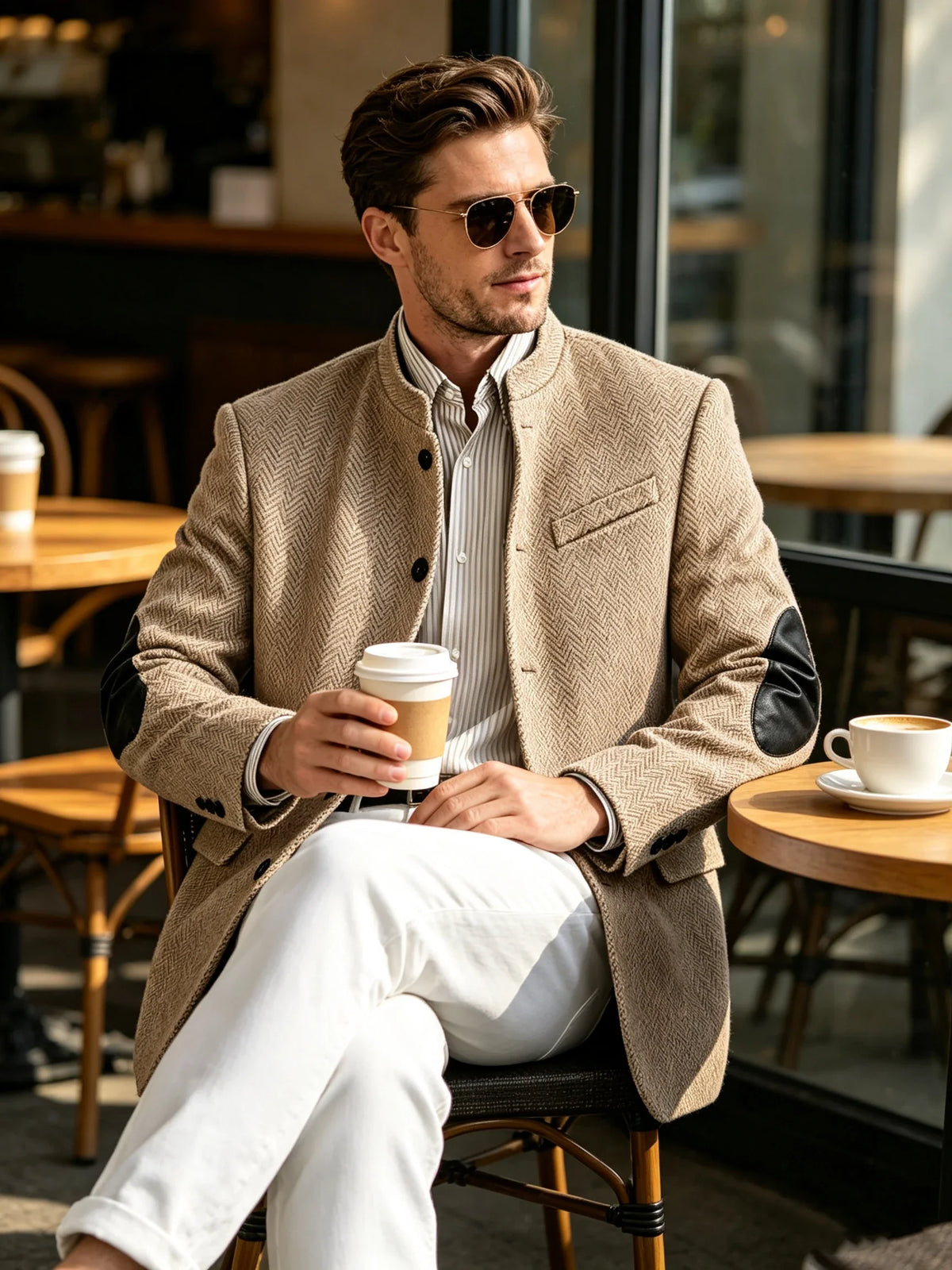 Vintage Men's Mandarin Collar Herringbone Tweed Blazer with Leather Elbow Patch Wool Blend Business Casual Slim Fit Suit Jackets