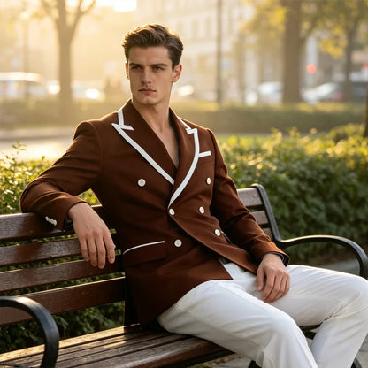 Double Breasted Slim Fit Blazer – Men's Formal Suit Jacket with White Contrast Piping