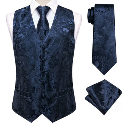 Men's Double Breasted Paisley Jacquard Waistcoat Set with Necktie & Pocket Square for Weddings and Tuxedo