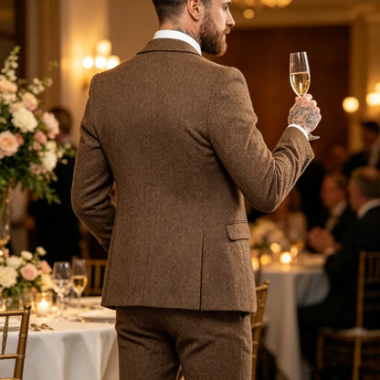 Classic Herringbone Tweed Mens Suits Stylish Vintage Tuxedo Set 3 Pieces Blazer Vest and Pant For Wedding Business Evening Party