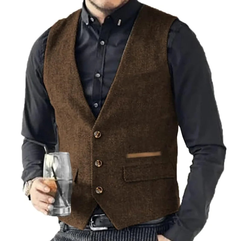 Men's Formal Vest Single Breasted Tweed Herringbone for Weddings & Banquets