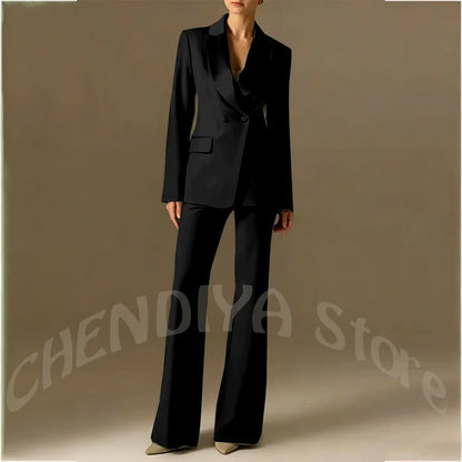 Classic Shawl Lapel Suit For Women Elegant Double Breasted Outfit Solid Color Two Piece Straight Modern Style Office Wear