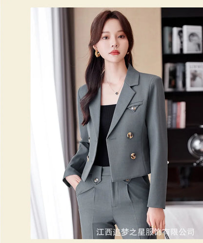 Blue Suit Women 2024 New Spring High End Fashion Temperament Professional Short Blazer And Pants Sets Office Ladies Work Wear