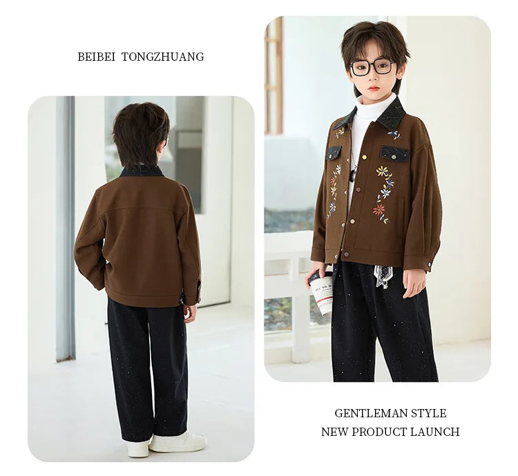 2026 New Autumn Winter Boys' Embroidered Suit Set 90-170 Children's Casual Jackets Pants 2Pieces Clothing Set