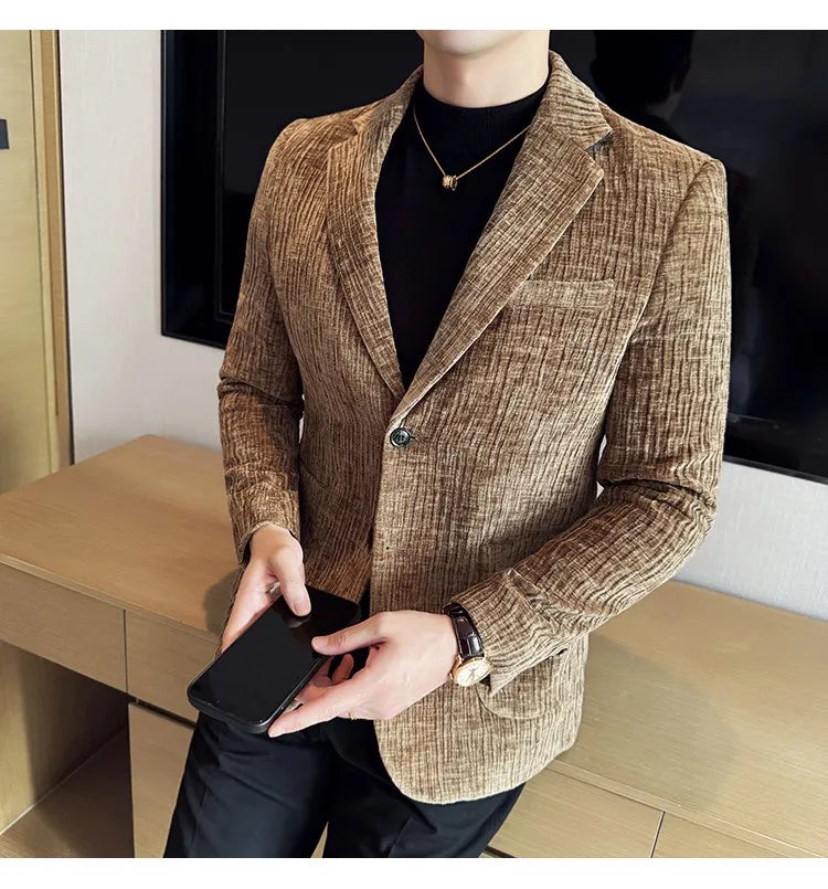 2025 Winter Chenier Thick Suit Jacket for Men Korean Slim Fit Casual Business Men Blazers Wedding Groom Office Social Dress Coat