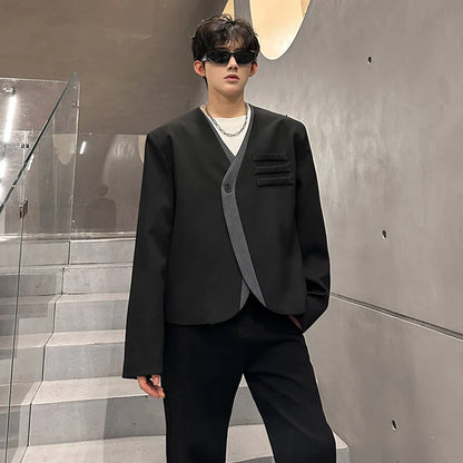 Color Contrast Fake Two Piece Design Handsome Korean Blazer Jacket Men Stylish Elegant V Neck Casual Male Clothes JY5226