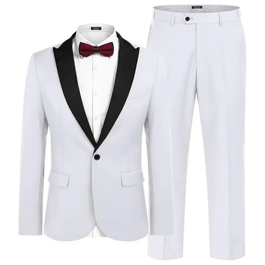 Men Suit 2 Piece White With Black Peaked Lapel Single Button Business Casual For Wedding Groom Banquet Work Jacket And Pants
