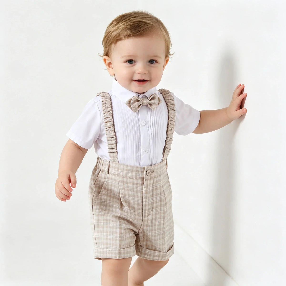 Toddler Gentleman Plaid Suit Set Boys Formal Blazer Waistcoat Suspender Shorts BowTie Wedding Birthday Baptism Party Dress Outft