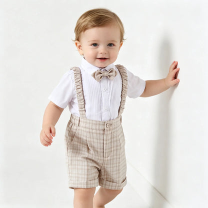 Toddler Gentleman Plaid Suit Set Boys Formal Blazer Waistcoat Suspender Shorts BowTie Wedding Birthday Baptism Party Dress Outft