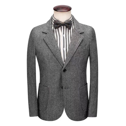 XS-6XL Blue/Gray Men's Herringbone Tweed Blazer Notch Lapel Two Buttons Tuxedo Jacket Woolen Suit Daily Office One Piece Coat