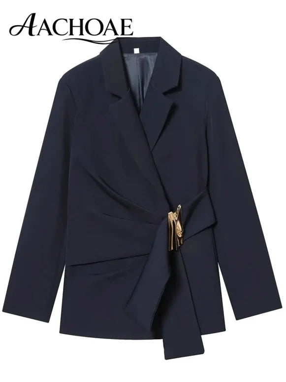 Women Asymmetric Buckle Blazer Elegant Wrap Suit Jacket Slim Waist Tailored Office Lady Workwear Fashion Blazer Coat