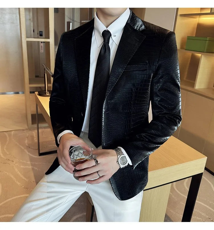 2026 Crocodile Patterned Leather Suit Jacket Men Slim Fit Business Casual Leather Jacket Wedding Groom Party Work Men Blazers