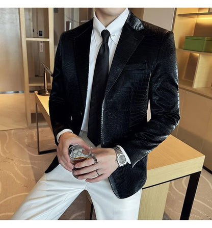 2026 Crocodile Patterned Leather Suit Jacket Men Slim Fit Business Casual Leather Jacket Wedding Groom Party Work Men Blazers
