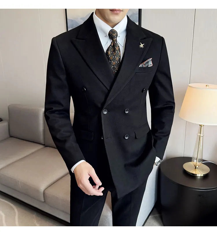 (Jacket+Pant) Autumn Winter Thickened Woolen Suit 2025 New High Quality Slim Business Tuxedo Fashion Wedding Social Suits
