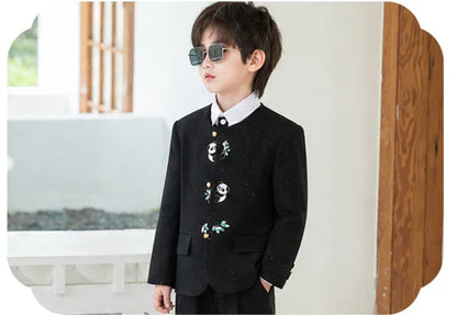 90-160 Kids New Chinese Tang Suit Hanfu Embroidery Suit Flower Boys Host Recitation Performance Costume