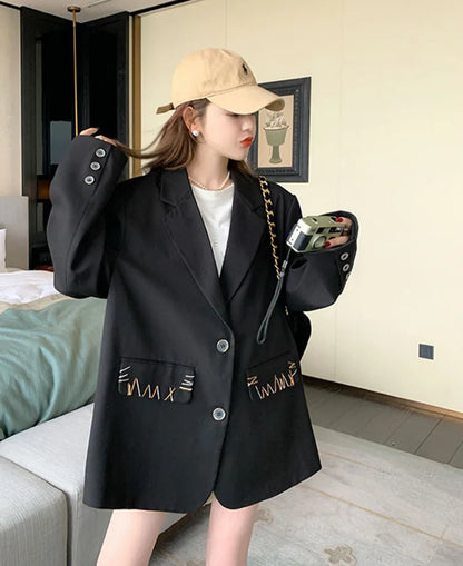 Spring Autumn New Women's Blazer Notched Collar Single Breasted Pockets High-End Elegant Fashion Office Lady Jacket HK13904