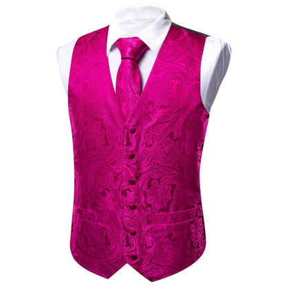 Men's Vest Set with Floral Tie Hanky and Cufflinks – Rose Pink Formal Waistcoat for Weddings and Banquets