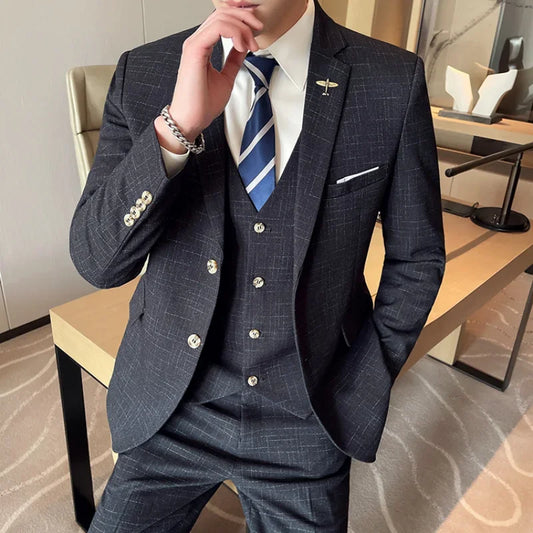 Men's Linen 3-Piece Slim Fit Suit | Blue & Beige | XS–6XL