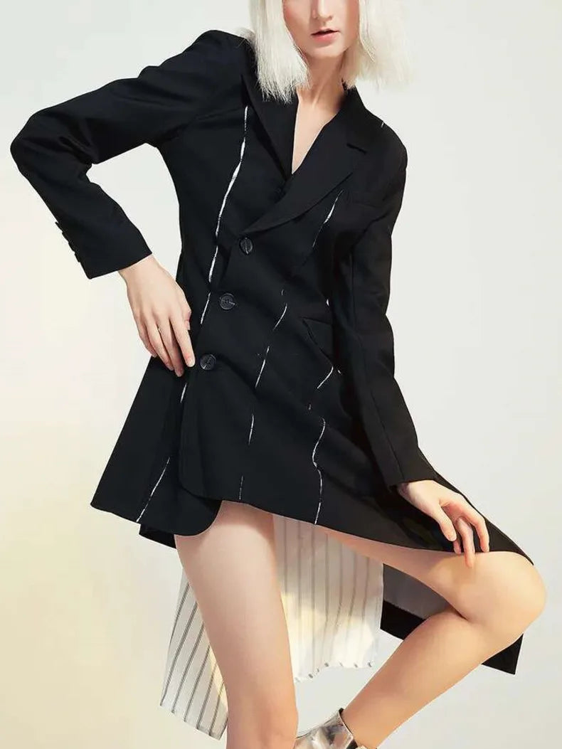 2026 Spring Autumn New Women Blazer Dress Asymmetric Diagonal Buckle Patchwork Striped Waist Cinching Ins Long Jacket H2772