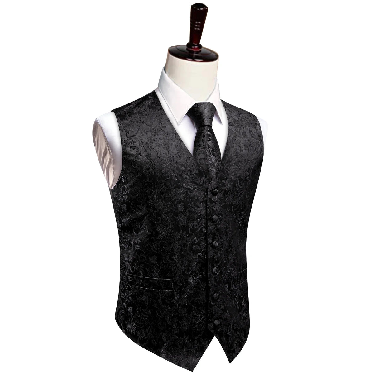 Men's Vest Suit Set Floral Paisley All Black Waistcoat with Tie Hanky Cufflinks for Wedding