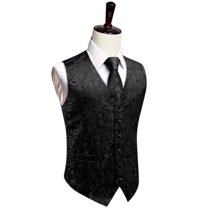 Men's Vest Suit Set Floral Paisley All Black Waistcoat with Tie Hanky Cufflinks for Wedding