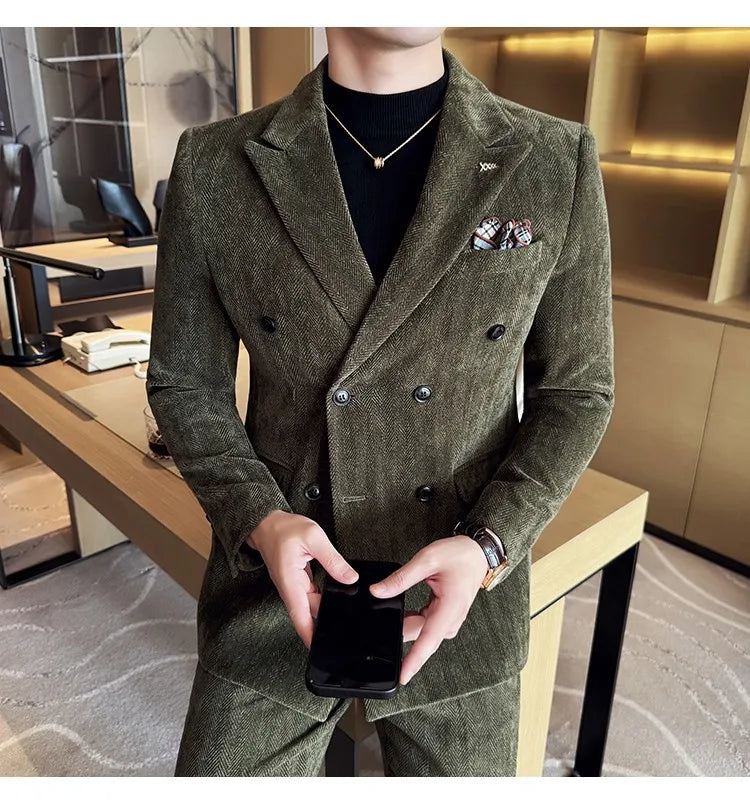 2025 Winter Woolen Men's Wedding Groom Suit Double Breasted Suit 3 Piece Set Business Casual Office Work Party Prom Dress Suits