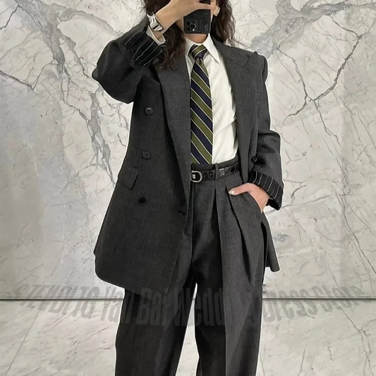 Dark Grey Women's Suit Classic Style Peak Lapel Front Double Breasted Business Interview Office Lady Blazers and Pant Sets