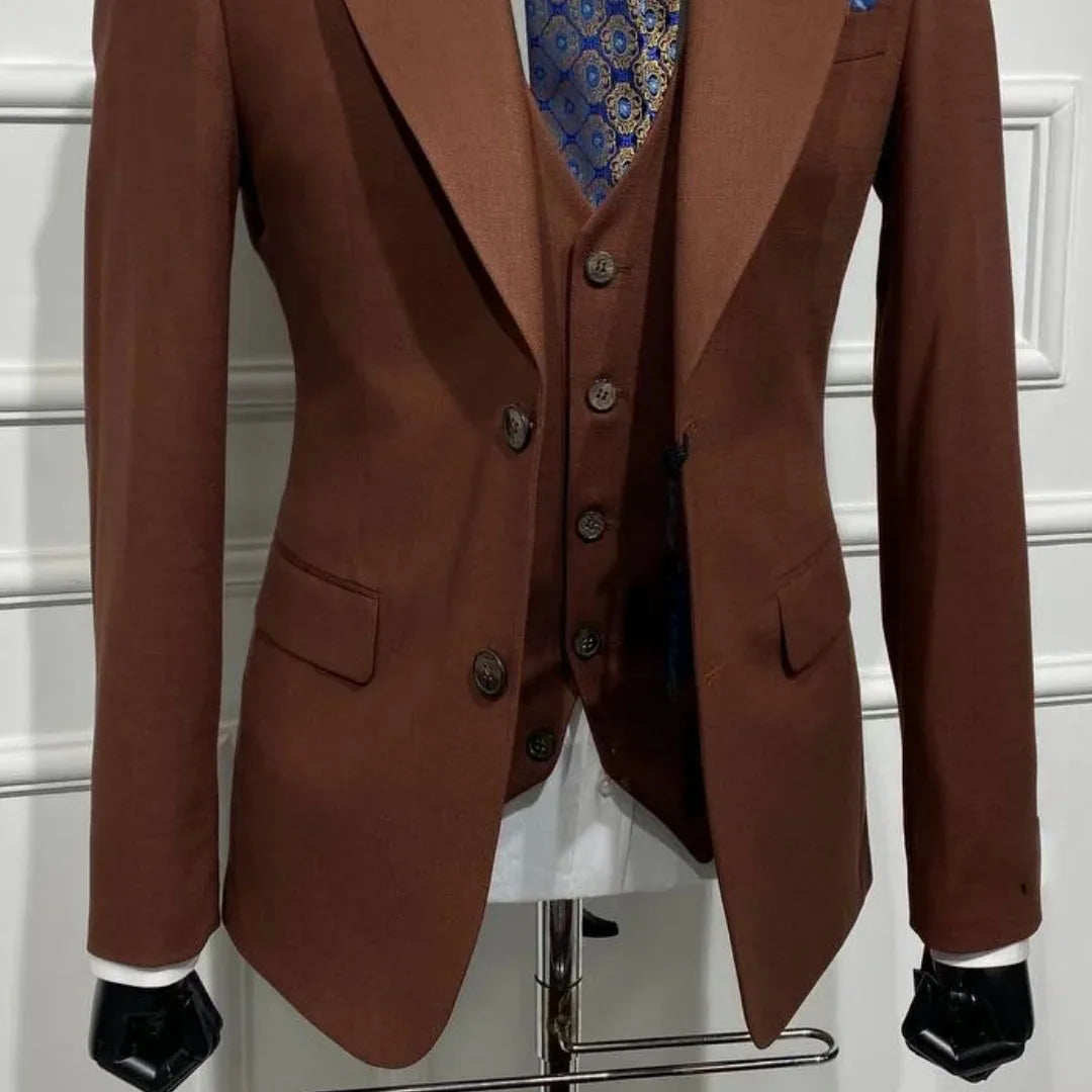 Men Suit Brown 3 Piece With Lapel Single Breasted Solid For Wedding Groom Birthday Banquet Party Business Work Jacket Vest Pants