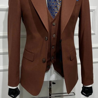 Men Suit Brown 3 Piece With Lapel Single Breasted Solid For Wedding Groom Birthday Banquet Party Business Work Jacket Vest Pants