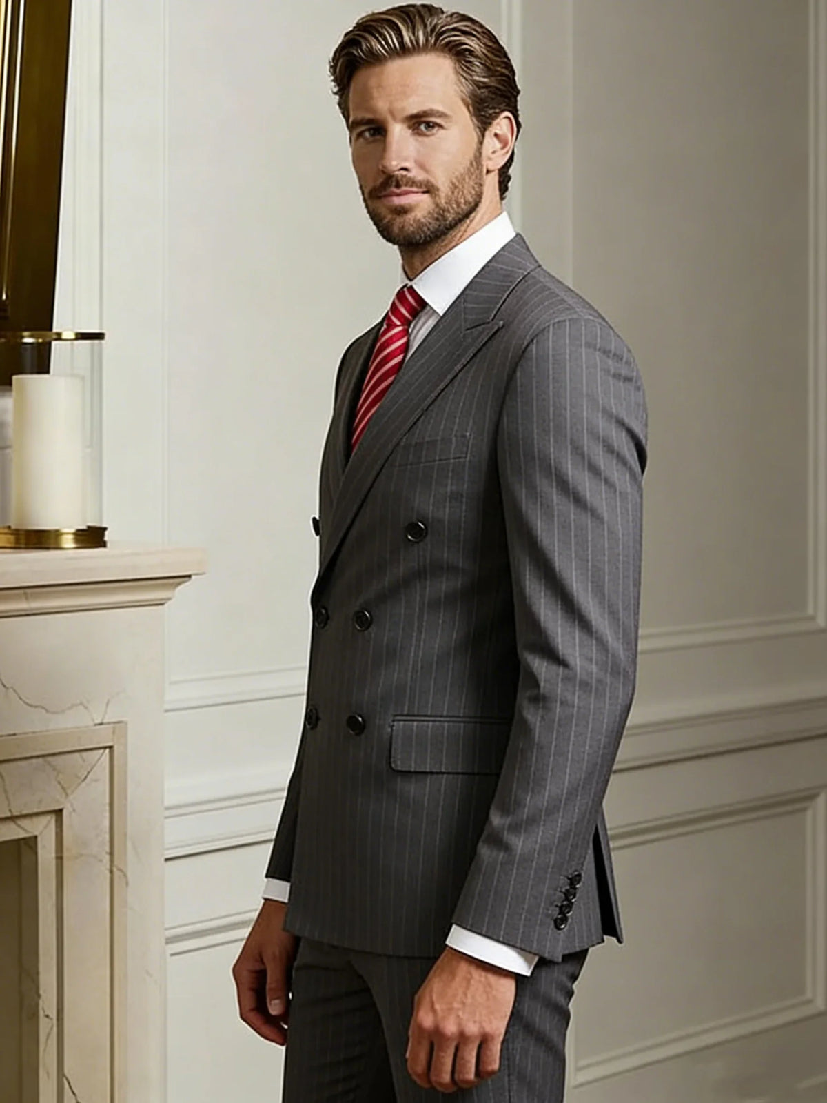 Men's Slim Fit Double Breasted Striped Suit – 2 Piece Blazer and Pants for Weddings and Formal Occasions