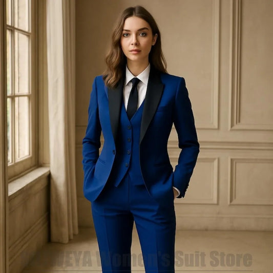 Women Royal Blue 3 Piece Tuxedo Suit Blazer Vest Pants with Black Lapel Slim Fit Formal Party Business Office Outfit