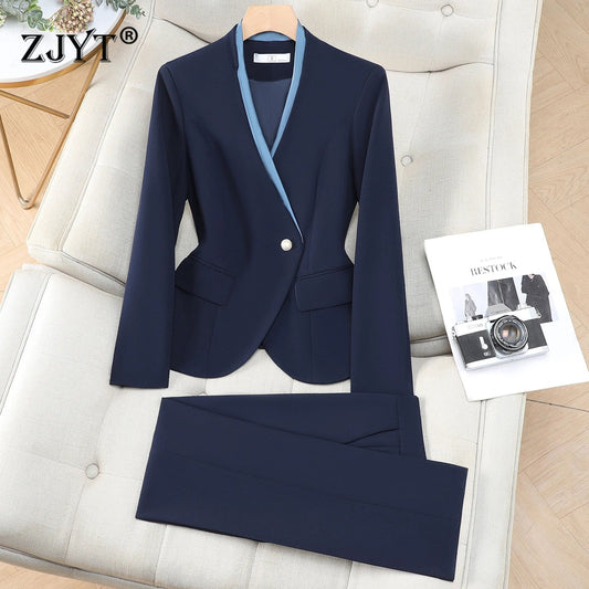 Elegant Women's Trousers Suit Blazer and Pants Sets Two Pieces Outfit Blue Formal Office Lady Work Wear Plus Size Suits