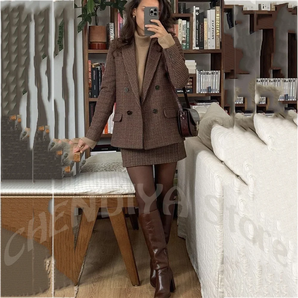 Modern Casual Women Suit Slim Double Breasted High End Jacket Short Skirt Street Style Daily Commute Fashion Lady Outfits