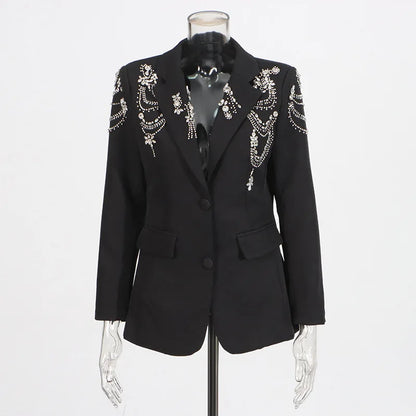Autumn New Women Stylish Blazer Heavy Craft Beaded Studded Diamonds Single Breasted Elegant Temperament Fashion Coat HK9958