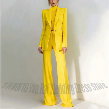 Women Pant Suit 2 Piece Set Office Female Business Work Formal Jacket Trouser One Button Chic Yellow Peaked Lapel Elegant Suit
