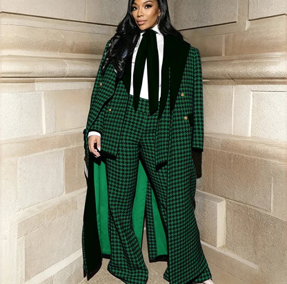 Luxury Houndstooth Women's Jacket+Pants Set Red Stylish Double Breasted Overcoat Formal 3 Pieces Female Evening Party Outfit