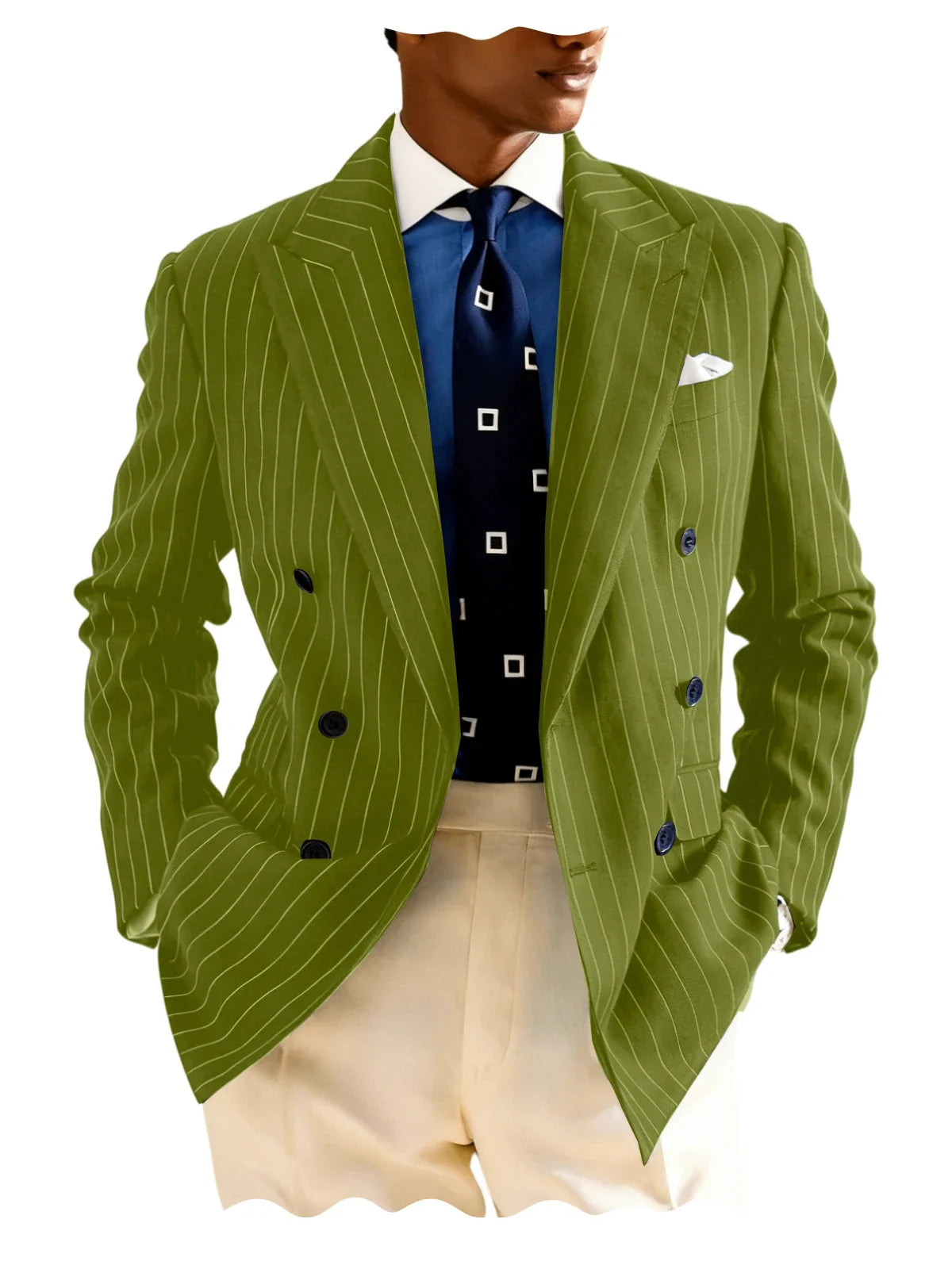 Navy Blue Striped Pattern Business Suit Jacket Double Breasted Slim Fit Blazer Casual Formal Attire Office Groom's Wedding Dress