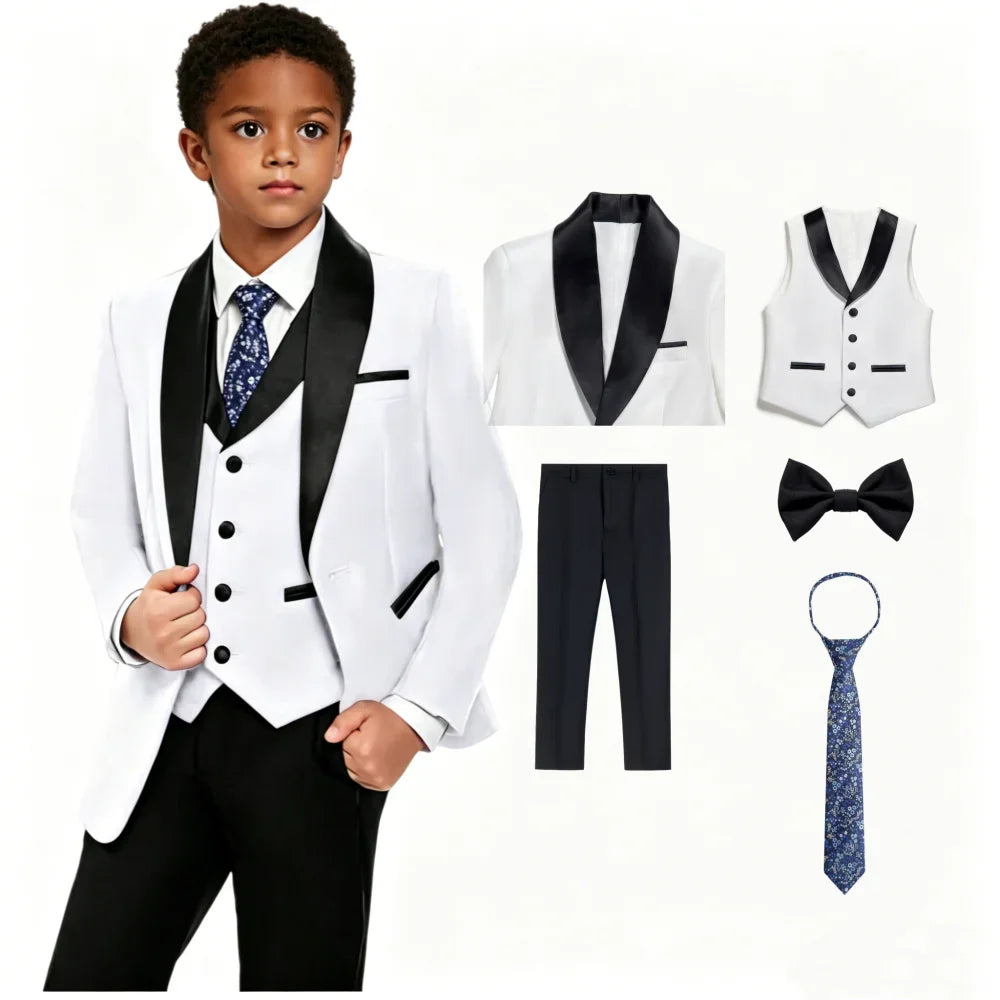 Boys Tuxedo Suit 5-Piece Set Kids Formal Outfit White for Wedding Birthday Piano Party