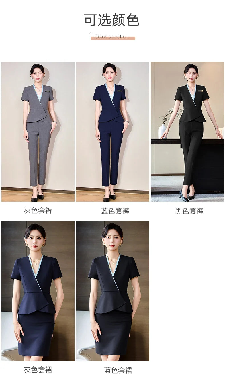 Fashionable professional women's clothing, high-quality short-sleeved suit jacket + pants set, slim and comfortable