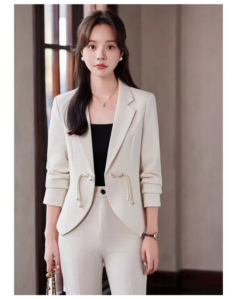 Elegant National Style Buckle Pants Suit  2024 Autumn New Professional Temperament Slim Blazer And Pants Office Ladies Work Wear